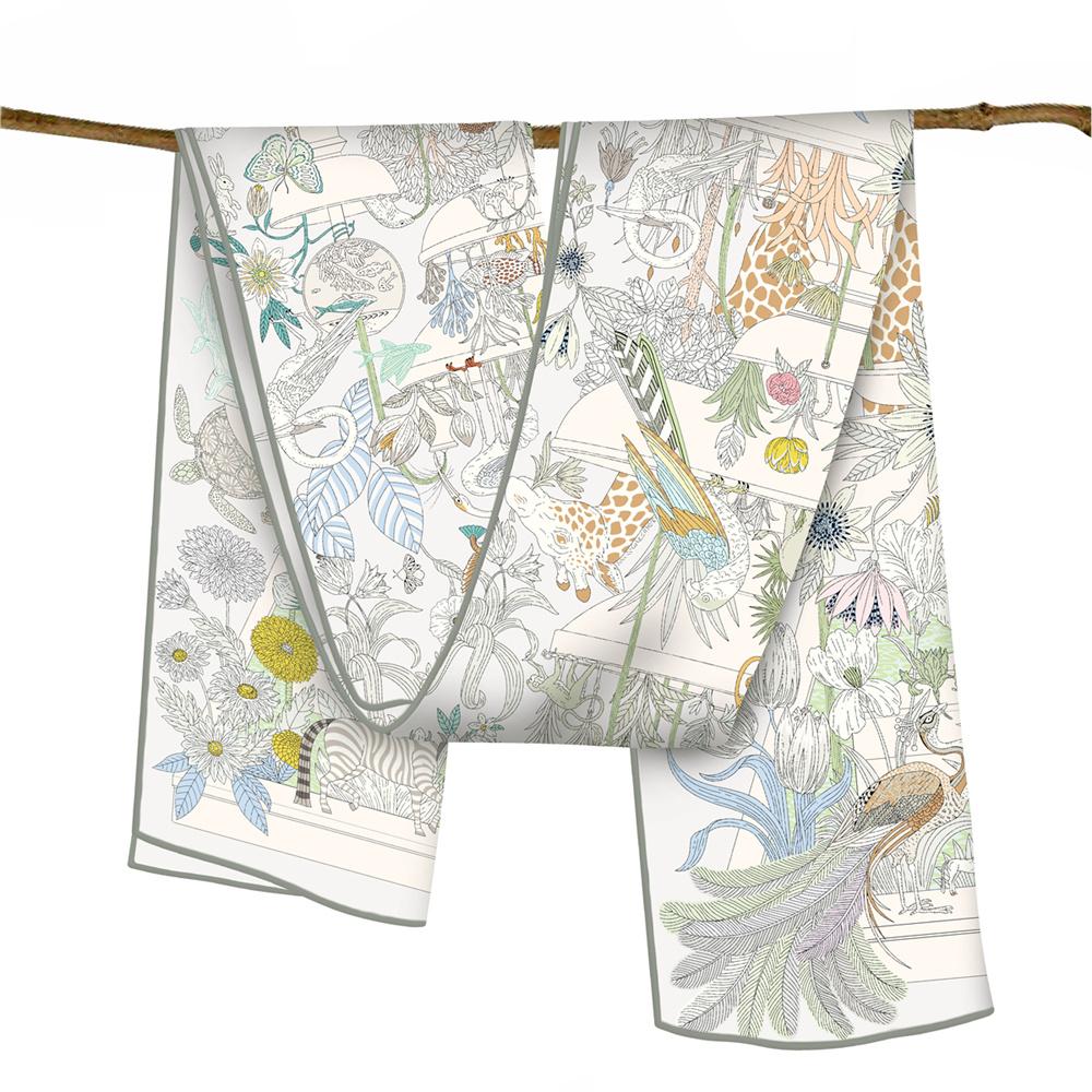 POBING Twill Silk Scarf Women Poncho Hand Rolled Zoo Animals Printed Long Scarves Wraps Bandana Big Shawl Hijabs Female Foulards