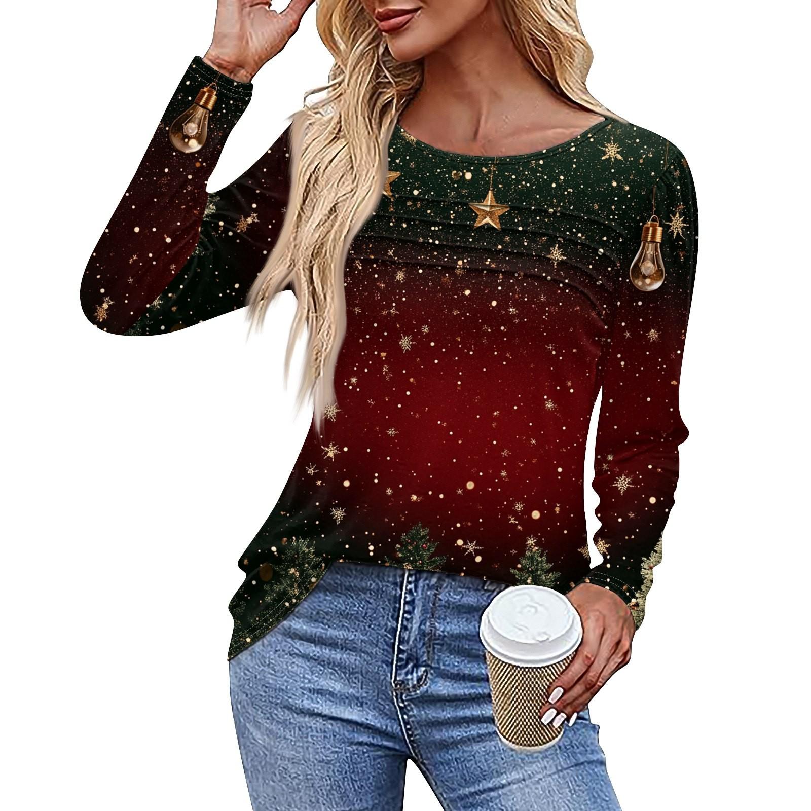 Женская повседневная модная футболка с круглым вырезом и длинными складками на Рождество — фото 8