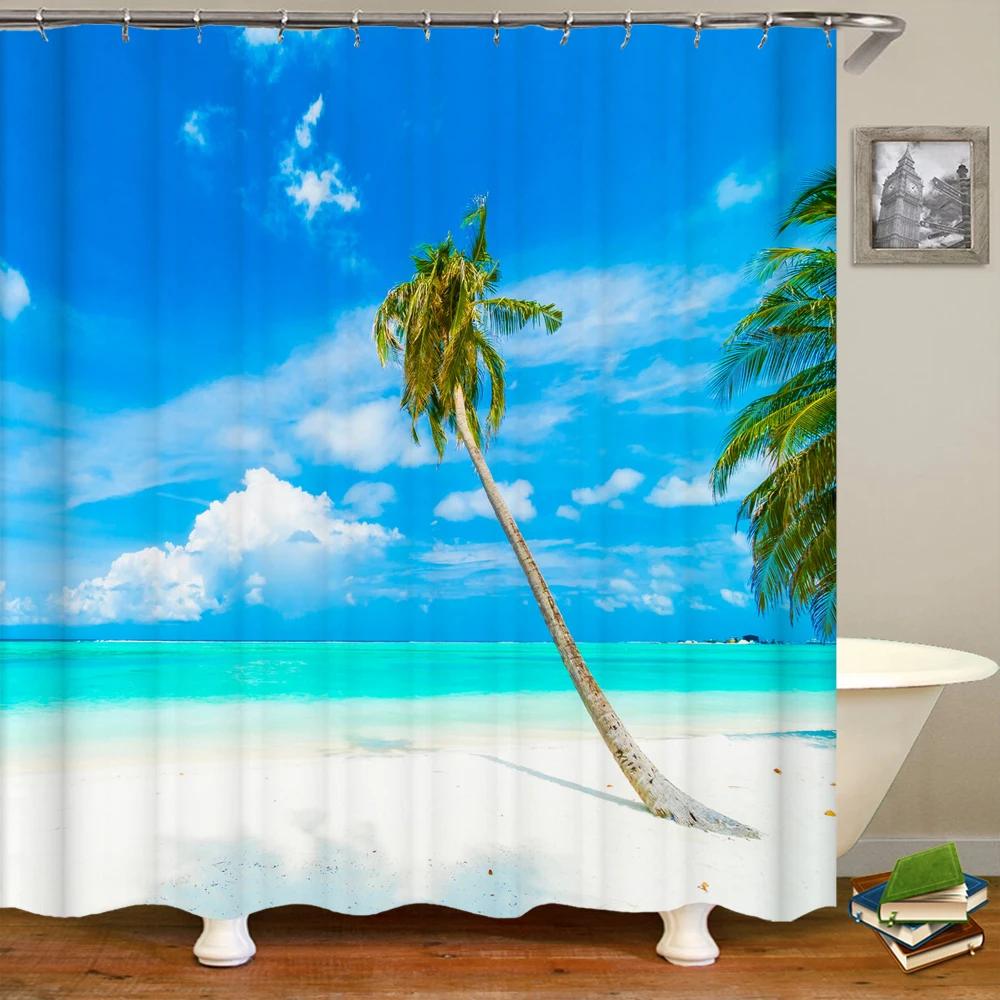Waterproof Shower Curtain Various Sunshine Beach Scenery Seaside 3D Printing Shower Curtain Polyester Home Decor Curtain 180x180