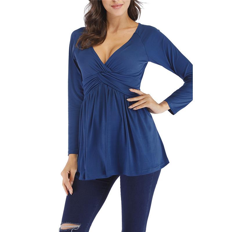 

Women s T-shirts Spring Female Mom Chiffon Tshirts Autumn Sexy V-neck Loose Pocket Casual Long Sleeve T Shirt Tops XXXL синій