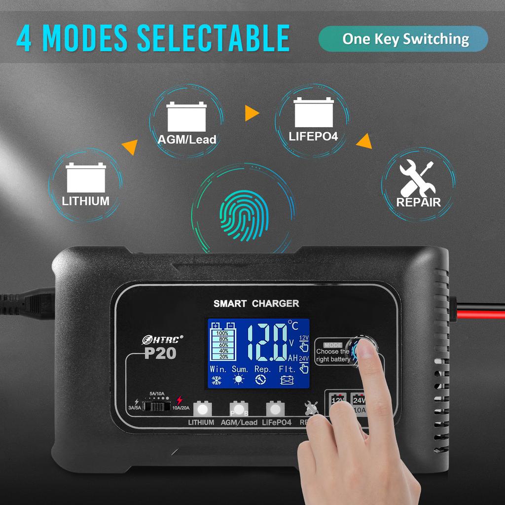 Car Battery Charger 12/24V Fully Automatic Battery Trickle Charger Adjustable Current Lithium Lead-Acid Battery Maintainer