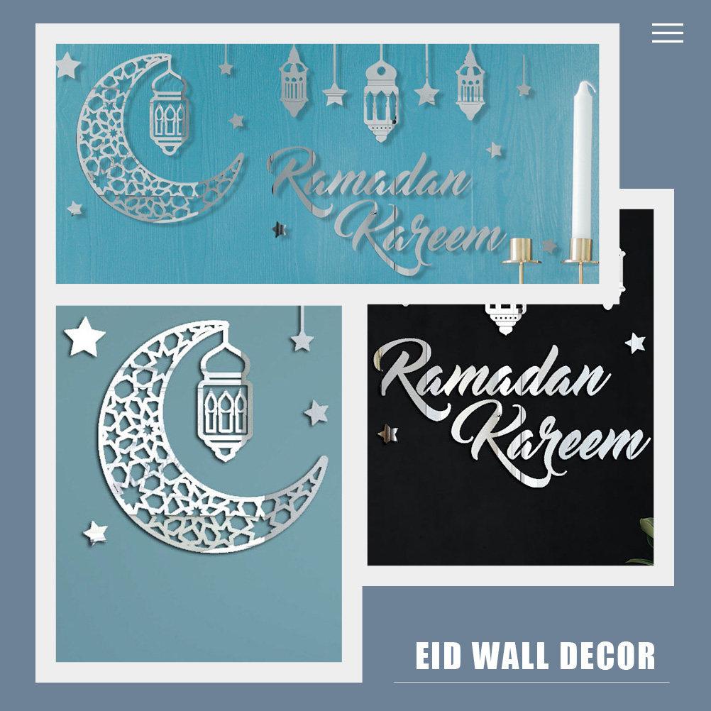 1 Sheet Mirror Effect Wall Stickers Eid Mubarak Ramadan Acrylic Moon and Star Design Festive Home Decor Window Door