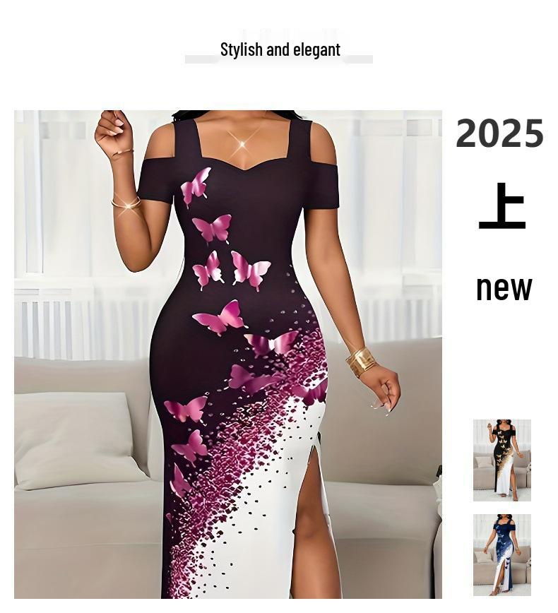 European & American Fashionable Butterfly Print Off-Shoulder Slit Long Dress for Women