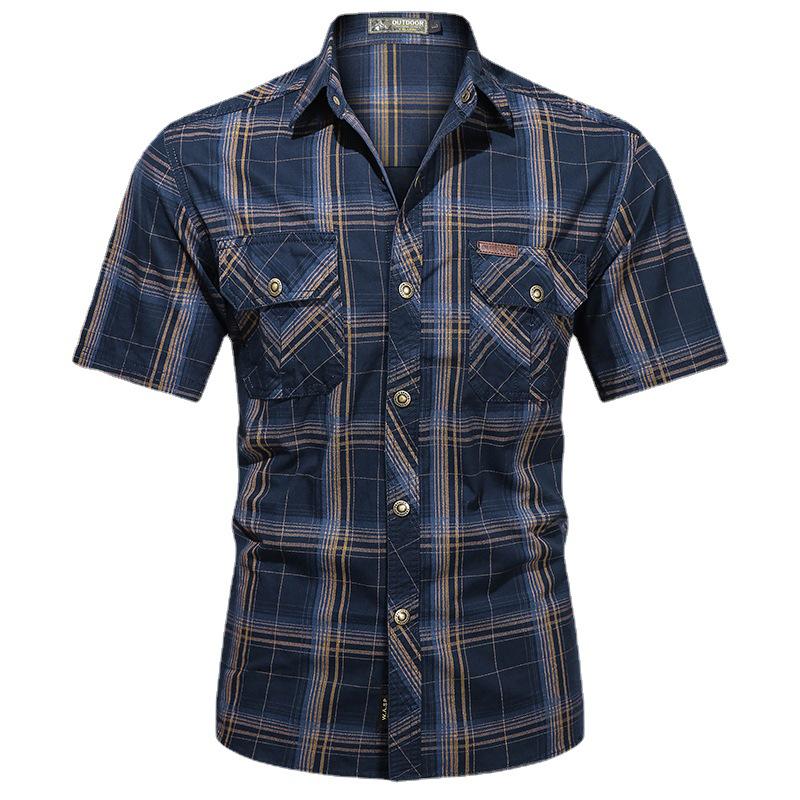 2023 Summer Men's Plus Size Cotton Short Sleeve Plaid Shirt - Loose, Casual, for Middle-Aged & Young