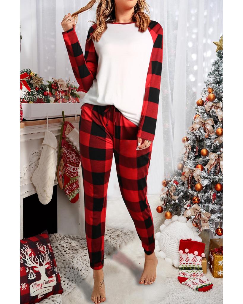 Azura Exchange Plaid Raglan Sleeves Top and Drawstring Pants Lounge Set