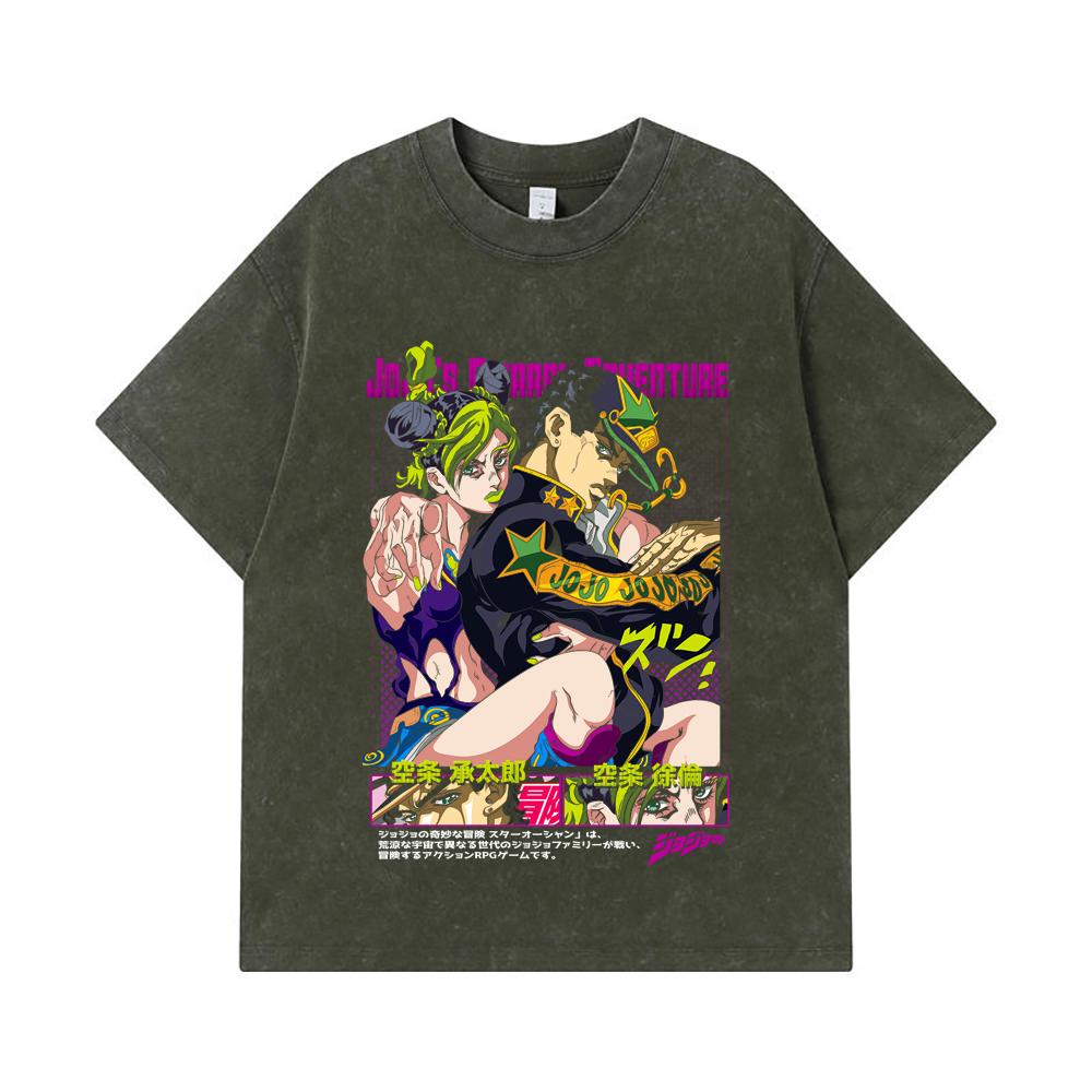275 GSM Washed T-shirts 100 Cotton Jojos Bizzare V1 Jotaro Jolyne Print Unisex Heavy Cotton T Shirt S армия зеленый 2190₽