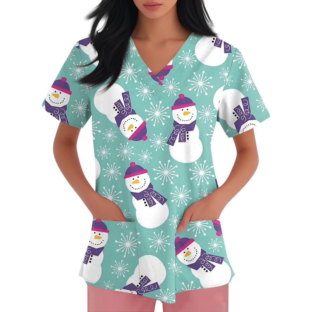 Clinical Uniform Women Gingerbread Santa Claus Print Christmas V-Neck Scrubs Women Fashion Short Sleeve Surgical Uniforms Top's