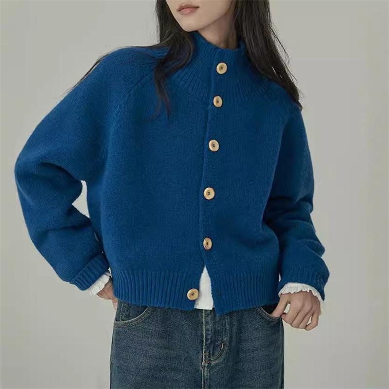 Autumn and Winter New Retro Soft Waxy Knitted Cardigan Top Women's High Neck Loose Lazy Style Solid Color Sweater Jacket