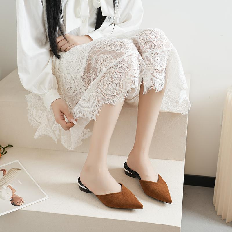 Plus Size Fashion Baotou Slippers Autumn New Pointed Toe Shallow Mouth Soft Sole Non-slip Kitten Heels