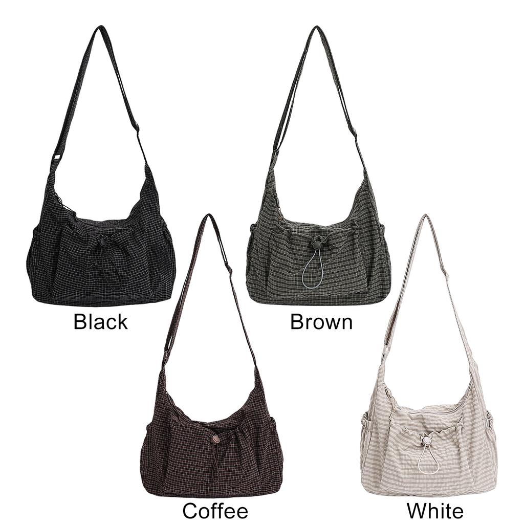 Damen Zugband Crossbody Tasche Nylon Stilvolle Karomuster Tote Tasche Große Kapazität Trendige Umhängetasche Einkaufen Date Handtasche
