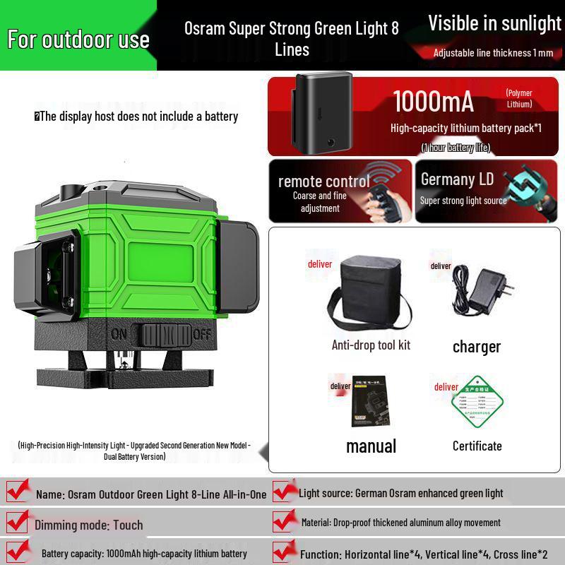 Green Light Laser 8/12/16 High-Precision Infrared Level for Walls/Floors