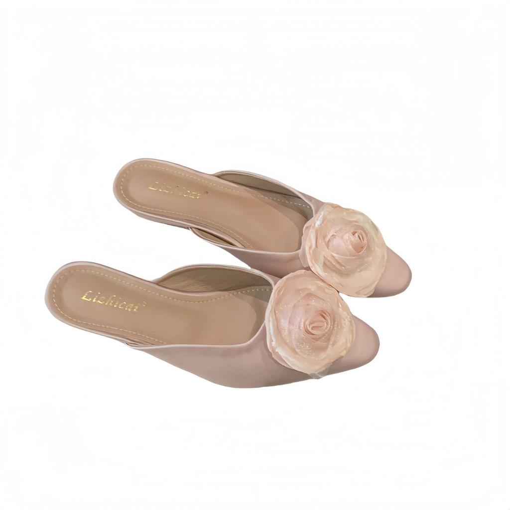 Women'S Shoes Square Toe French Style Flower Closed Toe Sandals Thin Heelfairy Evening Closed Toe Low Heel Slippers