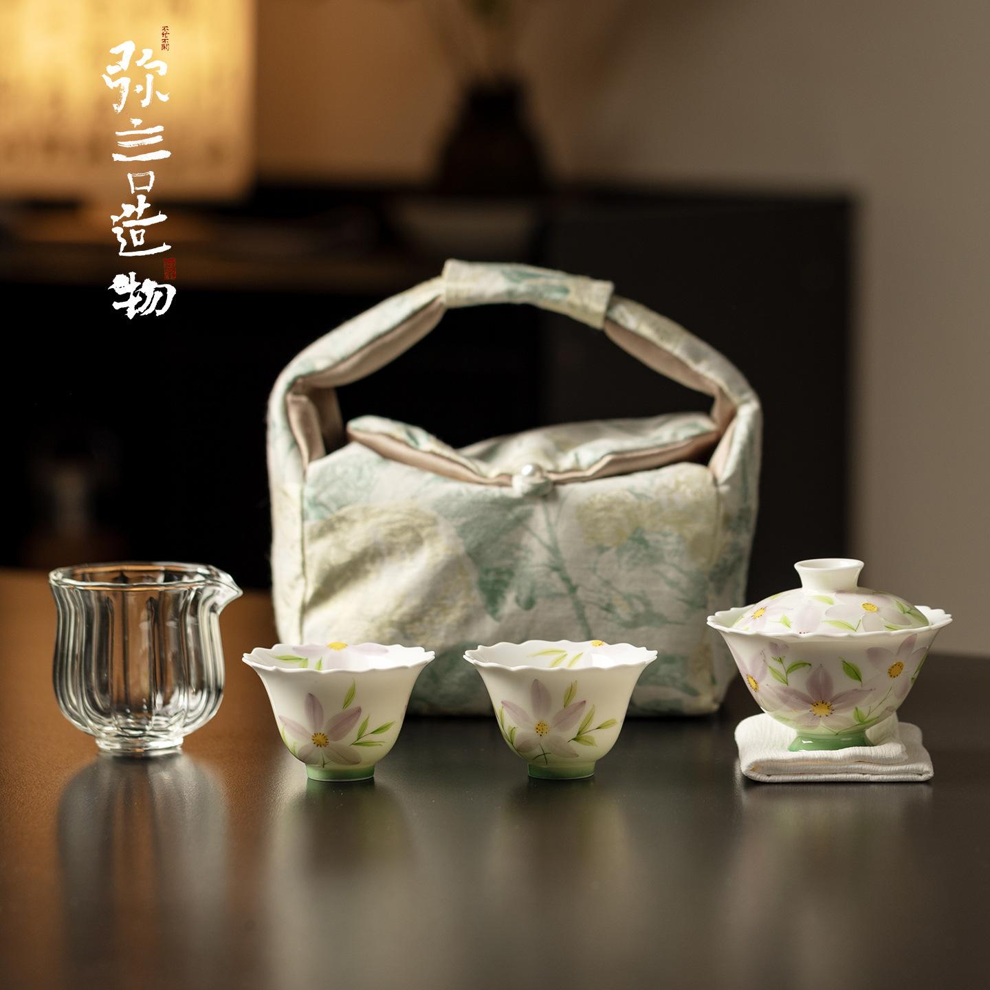 

Hand-painted Flower Travel Tea Set Kit Vintage 1 Pot 3 Cups Tea Making Organizer Portable Picnic Handbag Accessories Decoration