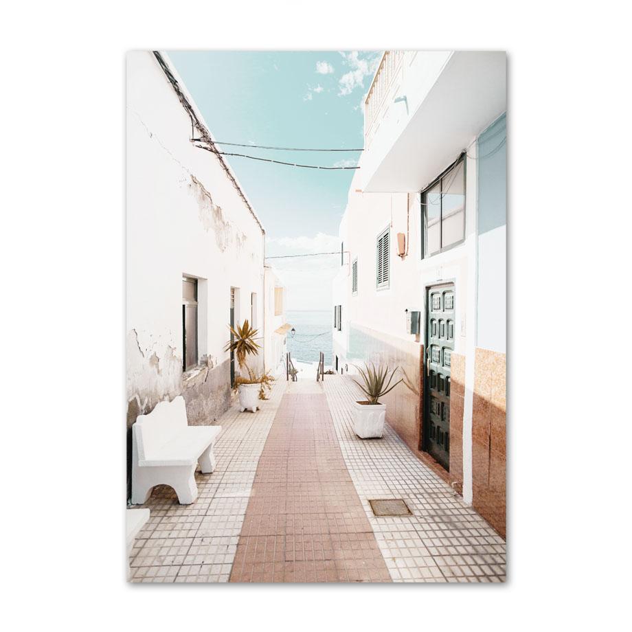 נוף ים כחול תכלת טירת סנטוריני אמנות קיר ציור קנבס פוסטרים והדפסים נורדיים תמונות קיר לעיצוב הסלון
