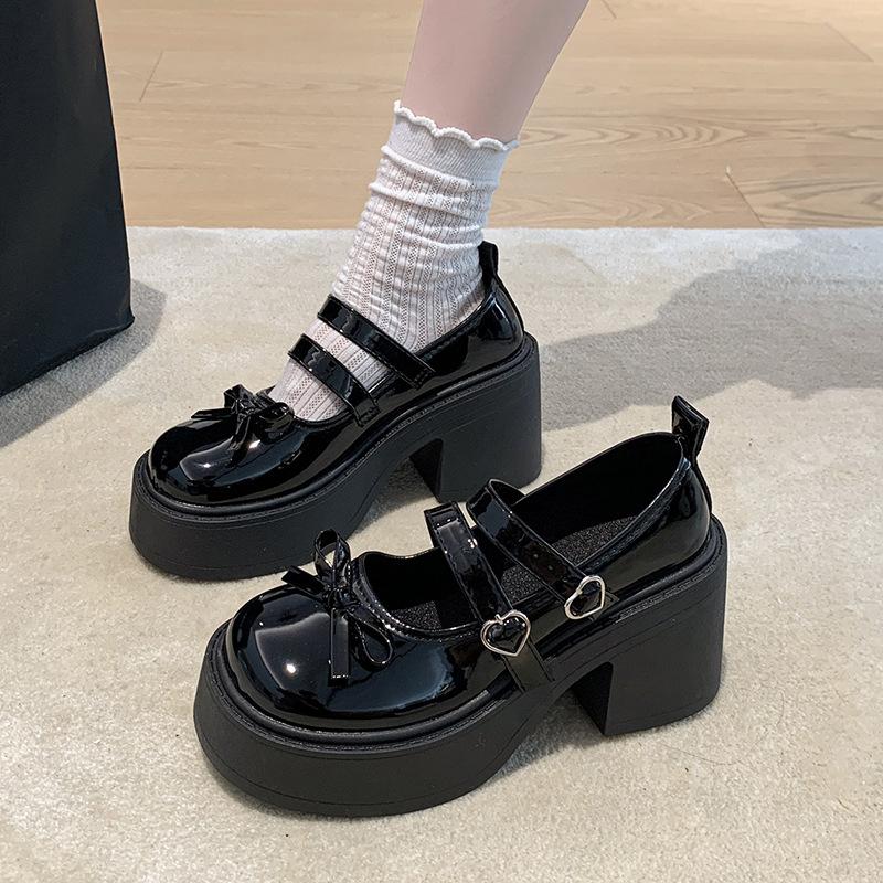 Japanese Jk Heightening French Versatile Small Leather Shoes 2025 Summer New Women's Bow Thick High-heeled Mary Jane Single Shoes