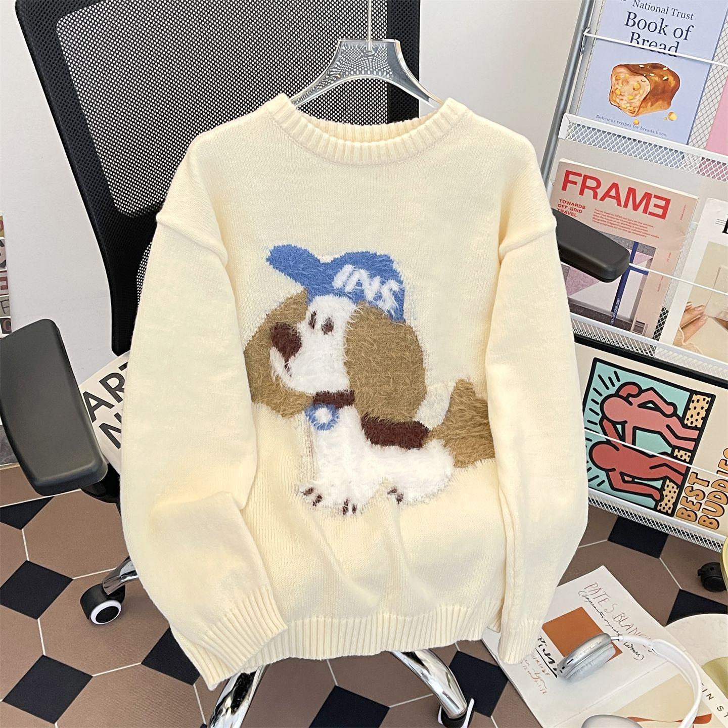 

Men s Autumn/Winter Cartoon Puppy Knitwear - Soft, Fluffy, Versatile Loose-Fit Round Neck Sweater for Couples XL абрикосовий