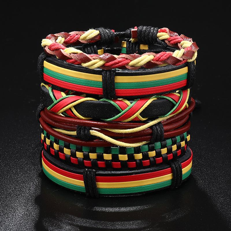 Set Of 6 Black Handmade Woven Pu Leather Bracelet For Men Multi Pack Fashion Vintage Braided Bangle As Birthday Gift