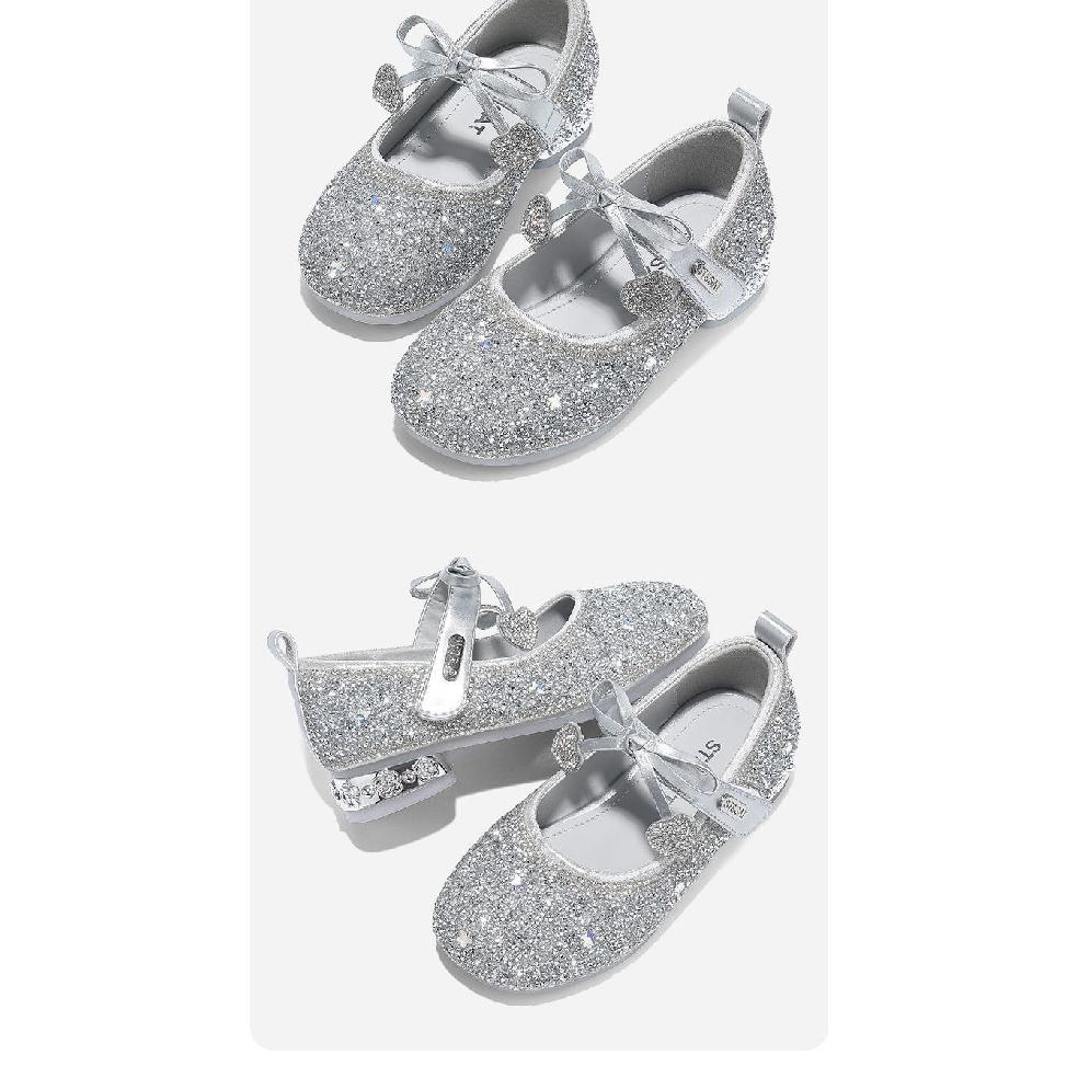 Girls Princess Shoes Children's Sparkling Shoes Autumn Soft Sole Little Girls Single Shoes Small High Heels Crystal Leather Shoes