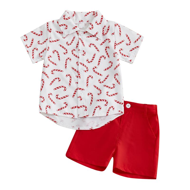 

Toddler Boy Christmas Outfits Candy Cane Print Short Sleeve Lapel Button Shirt with Solid Color Shorts Set 12-18M красный