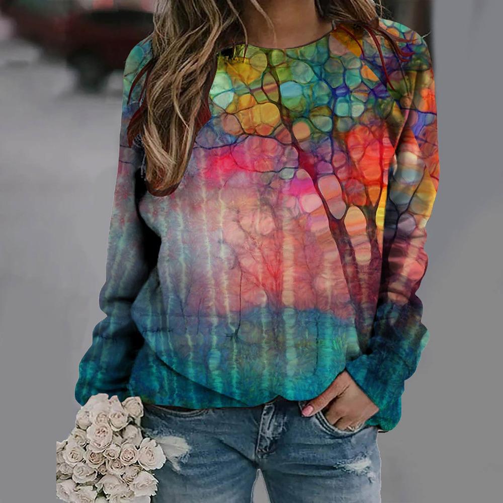 New Loose Casual 3D Floral Print Pattern Women's Round Neck Long Sleeved T-shirt