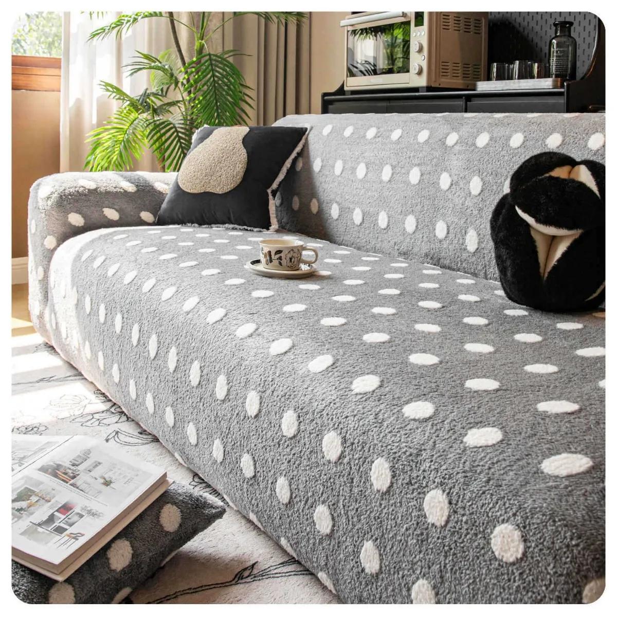

1PC Polka Dot Pattern Sofa Cover Solid Color Thicken Plush Sofa Towel Covers Non-slip Couch Slipcovers Sofa Mat for Living Room 1seat (90-140cm)