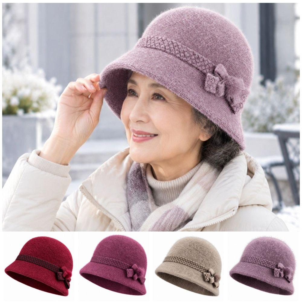 Fleece Lined Elderly Hat Soft Knit Knitted Cap Classic Style Women Bucket Hat Cold Weather