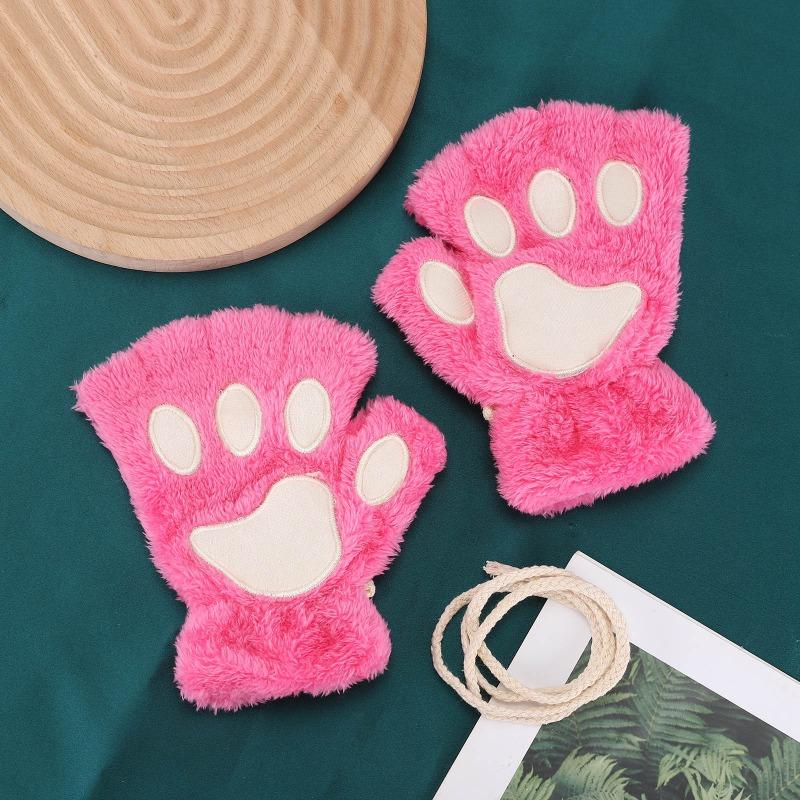 Cartoon cat claw gloves women's winter cute girl bare finger thickened warm bear paw plush half finger gloves