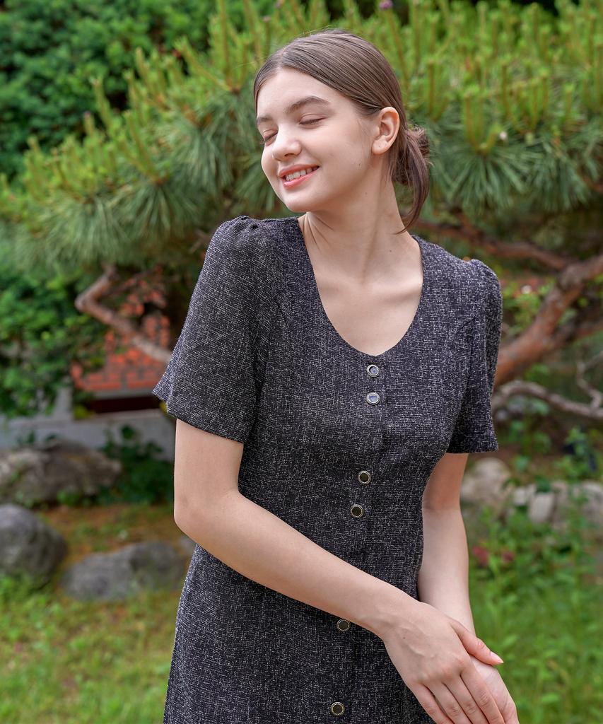 BIBYSEOB U-Neck Tweed Half Dress Black [T32]