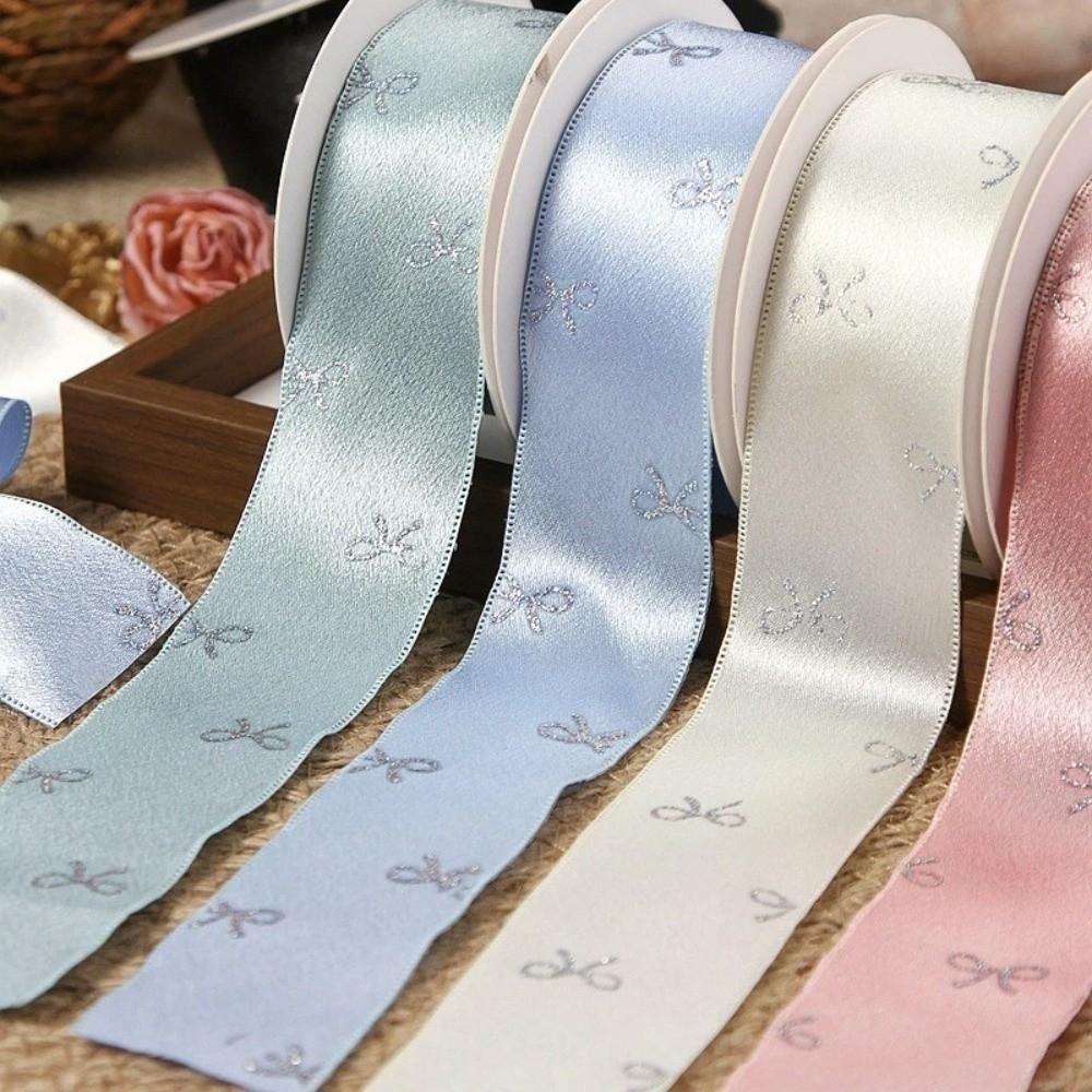 Bow Print Gift Wrapping Ribbons 10 yards Silk Ribbon Decoration Silver Foil Bow Ribbons  Gift