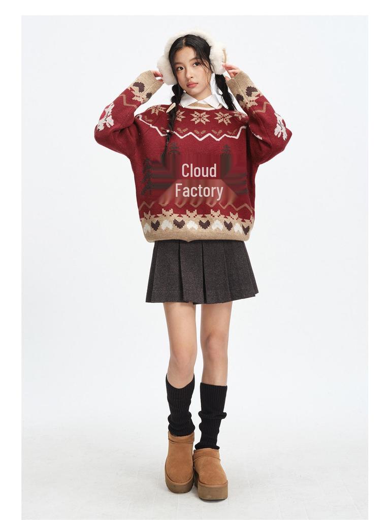 Roter Jacquard-Weihnachtspullover für Damen: Neujahr Retro Locker gestrickter Pullover