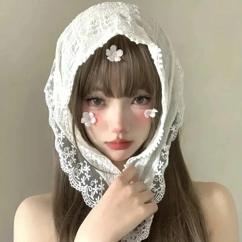 Fashion Harajuku Flower Lace Headscarf Women Pastoral Style Spring Summer Sweet Girls Triangle Scarf Hair Band Hair Accessories