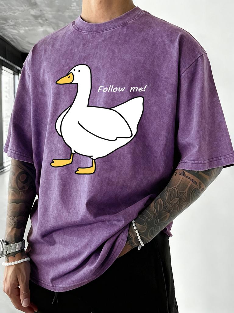 Follow The Goose Design Men Washed T Shirt Summer Hip Hop TShirt Crewneck Cotton Sportswear Casual Oversized Short Sleeves