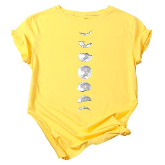 Women Summer Casual O Neck Short Sleeve Moon Print Loose Blouse T-shirt Top