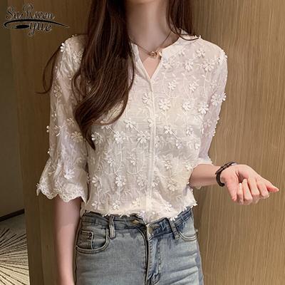 Moda Ladys Camisa 2020 Verão Estereoscópico Bordado Branco Puro Algodão Blusa Floral Curto