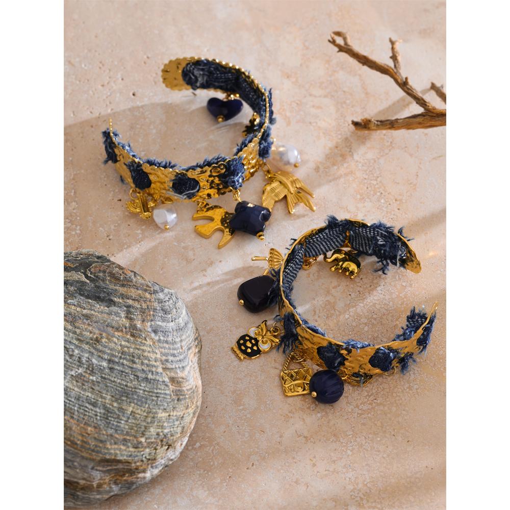 Eetit Exklusives Design Blauer Denim Acrylperle Vogel Herz Tropfen Manschette Retro Armband Edelstahl Markanter Anhänger Schmuck