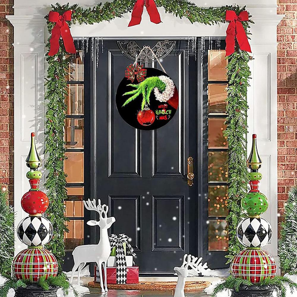 Christmas Decoration Grinch Wooden Door Wall Sign Hanger Wreath with Bow Indoor