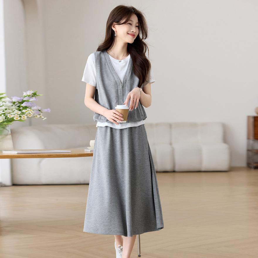 Fashion suit women's summer new loose casual skirt vest top fake two-piece set