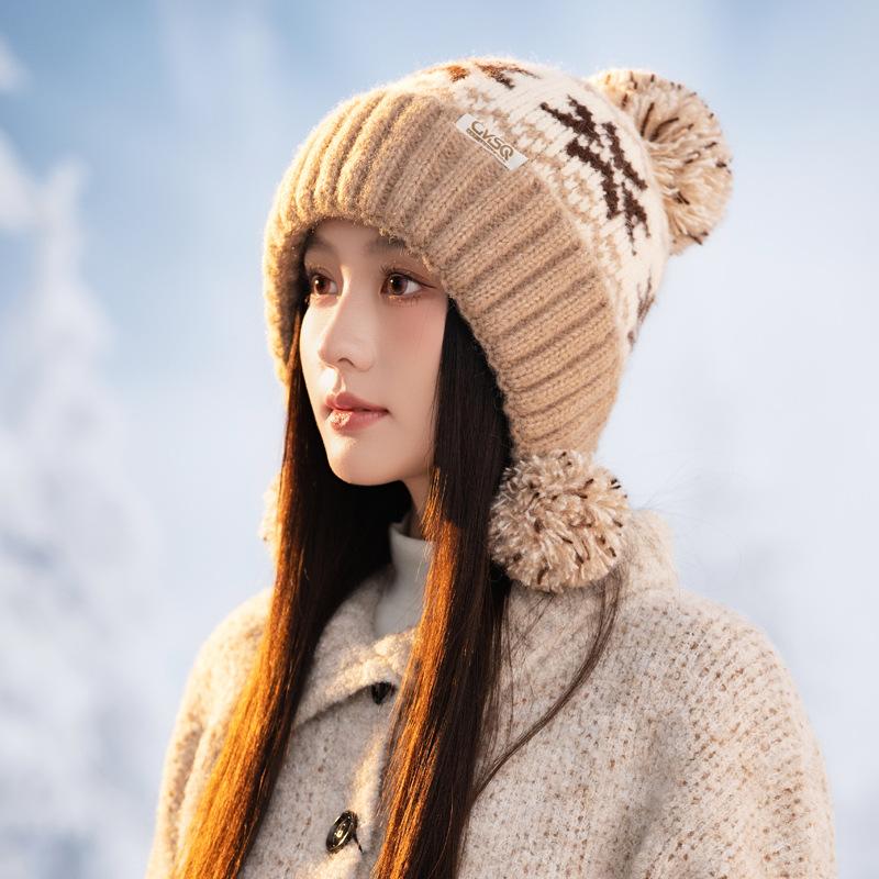 Ladies Snowflake Christmas Wool Hat Winter Fleece Thickened Cold Warm Hat Outdoor Travel Ear Hat New