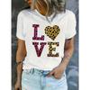 Europeisk Storlek Dam Vit T-shirt - Love Leopardmönster Kortärmad Rundhalsad Topp, Casual Streetwear Blus för Hela Säsongen ModeMedveten Stil