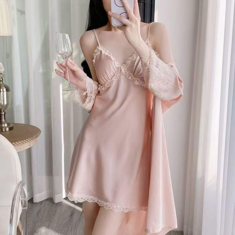 Ice Silk Lace Camisole Dress & Robe Set - Luxury Nightwear for Women
