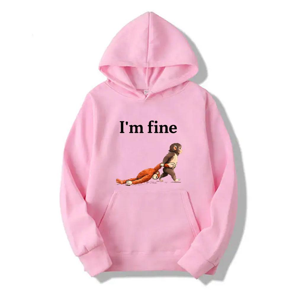 Monkey I'm Fine Funny Meme Graphic Printed Women Hoodie Casual Daily Long Sleeve with Pocket Loose Pullover Women Vintage Hoodie