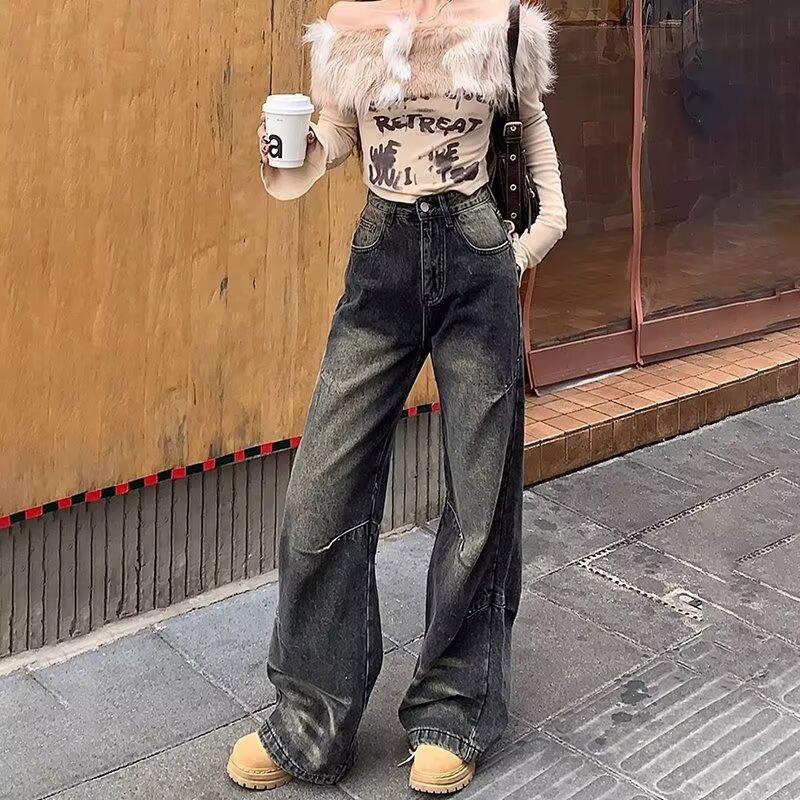 

Женские джинсы с высокой посадкой и прямыми штанинами - Прилегающий крой, Небольшая ширина штанины, Идеально подходят для весны, осени, зимы 2024. Large (L) серый/чёрный