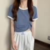 Color Blocking Round Neck Short Sleeved T-shirt for Women's Summer Base Slim Fit Short Student Top Trend Shirt