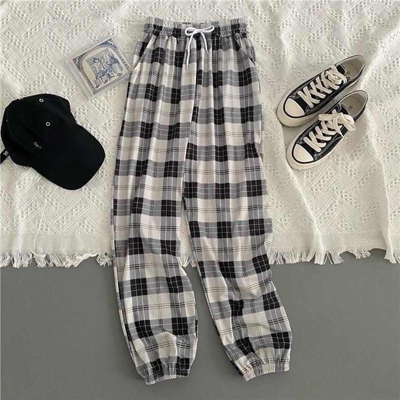 Pants Women Bunch of Feet Fashion Loose Black Plaid Summer Harajuku Students Streetwear Harem Long Trousers