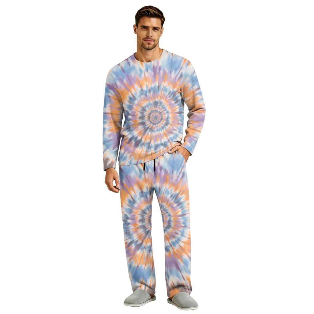 Men's Long Sleeve Pajama Set with Button Crotch and Elastic Drawstring Waist for Home Comfort
