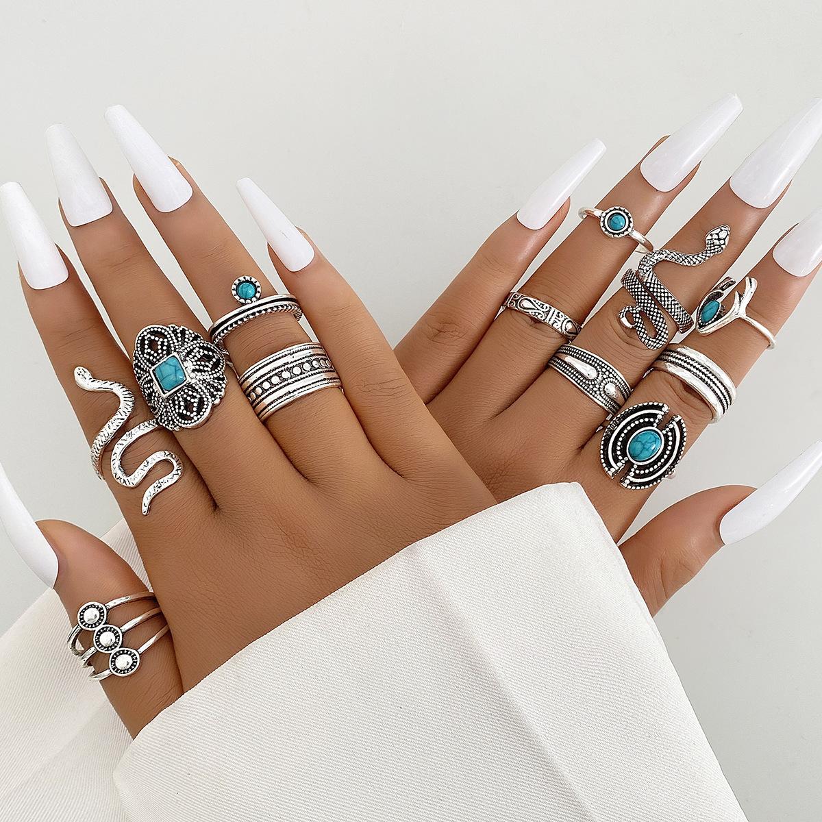 

12pcs/Set Silver Color Trendy Geometry Snake Antlers Rings Set for Women Men Vintage Ring Daily Outfits Jewelry Gifts