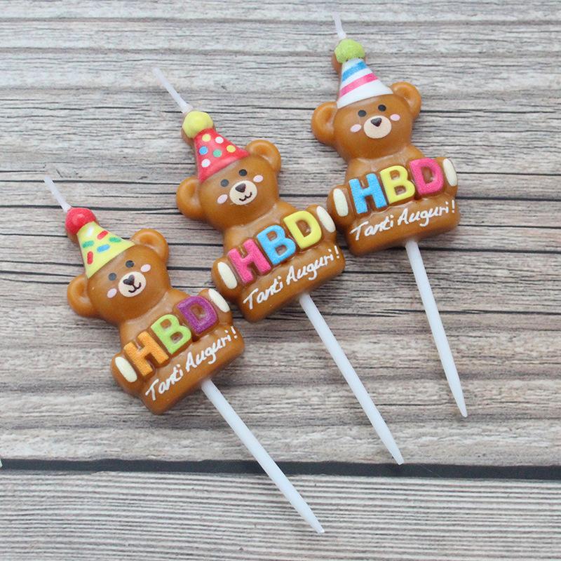 Cartoon 3 Bear Birthday Candles HBD Brown Cute Party Hat Bear Children's Cake Candle Decoration