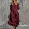 European and American autumn solid color casual vacation style round neck long sleeve pocket cotton and linen blend dress