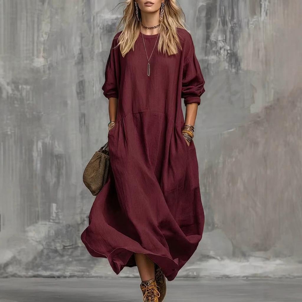 European and American autumn solid color casual vacation style round neck long sleeve pocket cotton and linen blend dress