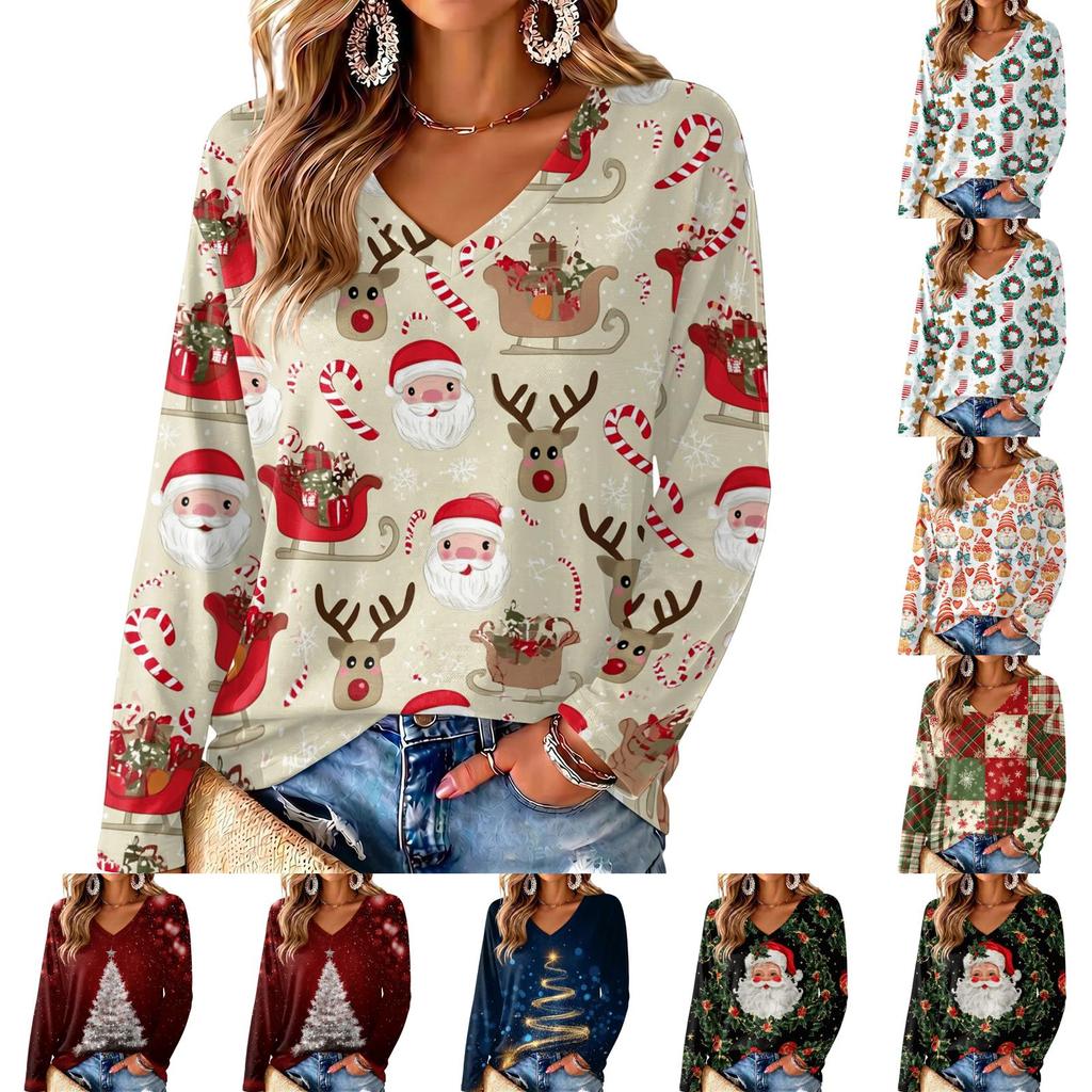 Women's V-Neck Long Sleeve Lightweight Top with Christmas Print for Spring and Summer